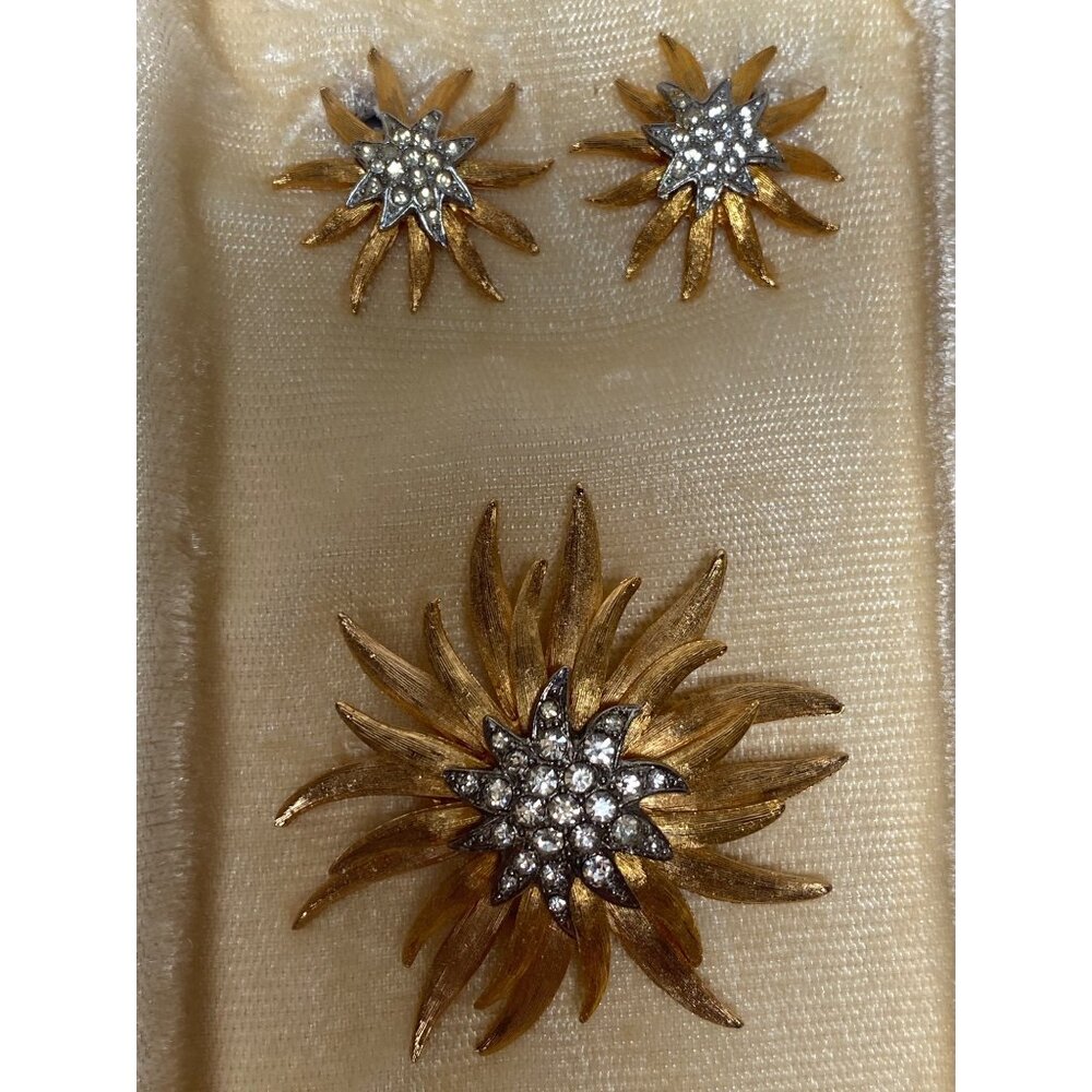 Atomic Sputnik Starburst Rhinestone Brooch Earring Two Tone Metal Clear Crystal